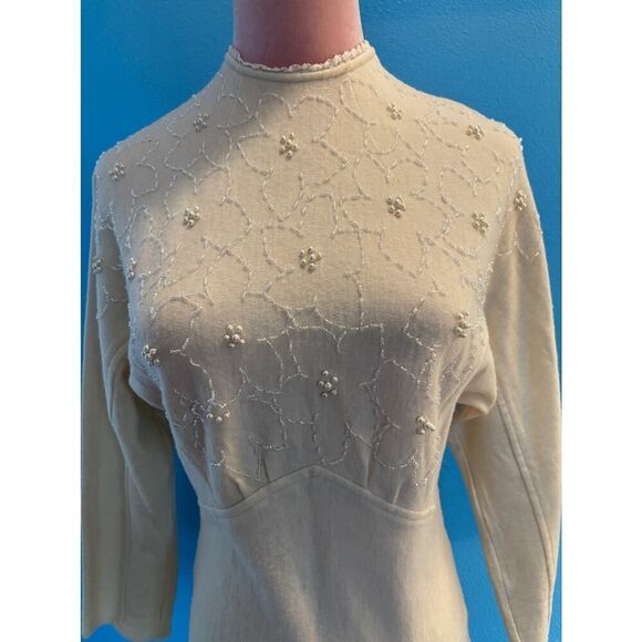 Vintage '89 Nina Lee Beaded Wool Knit Sweater Top IVORY Back Zipper - Picture 2 of 7